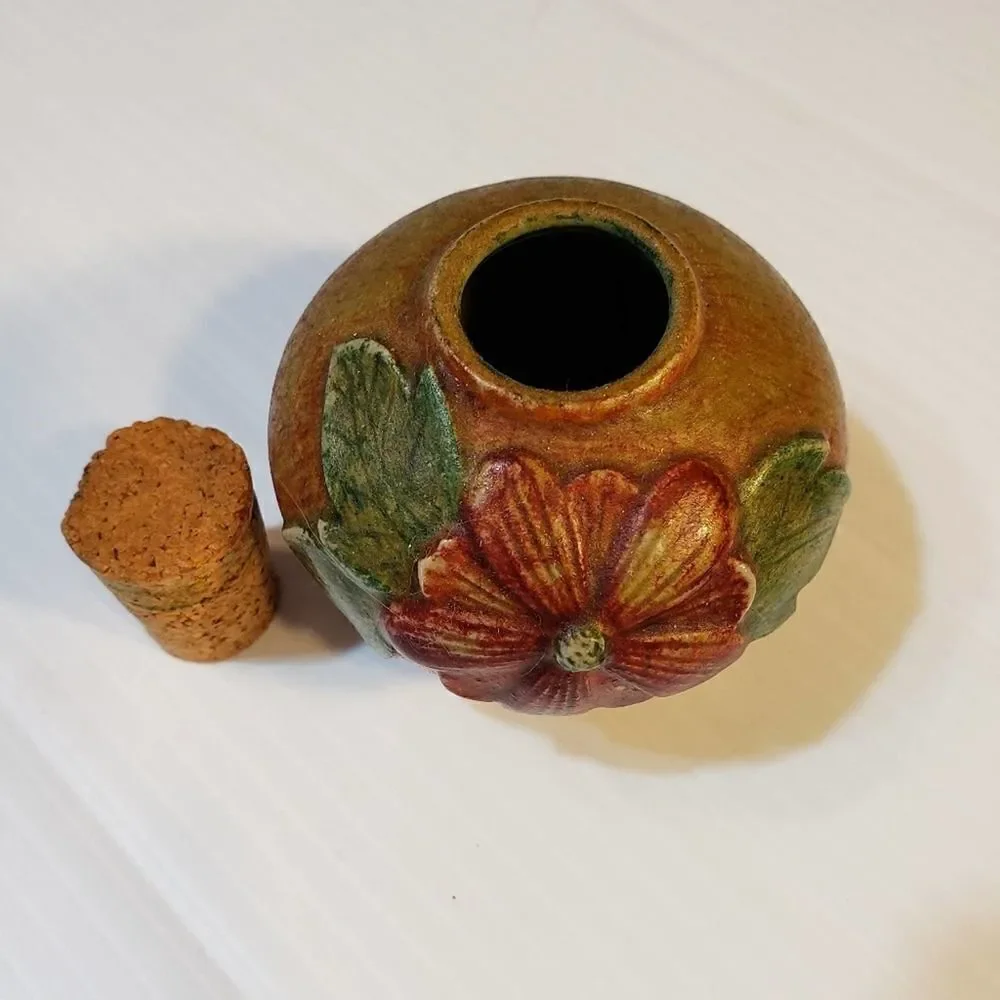 Vintage Handpainted Pottery cork lid Stash Jar Pot